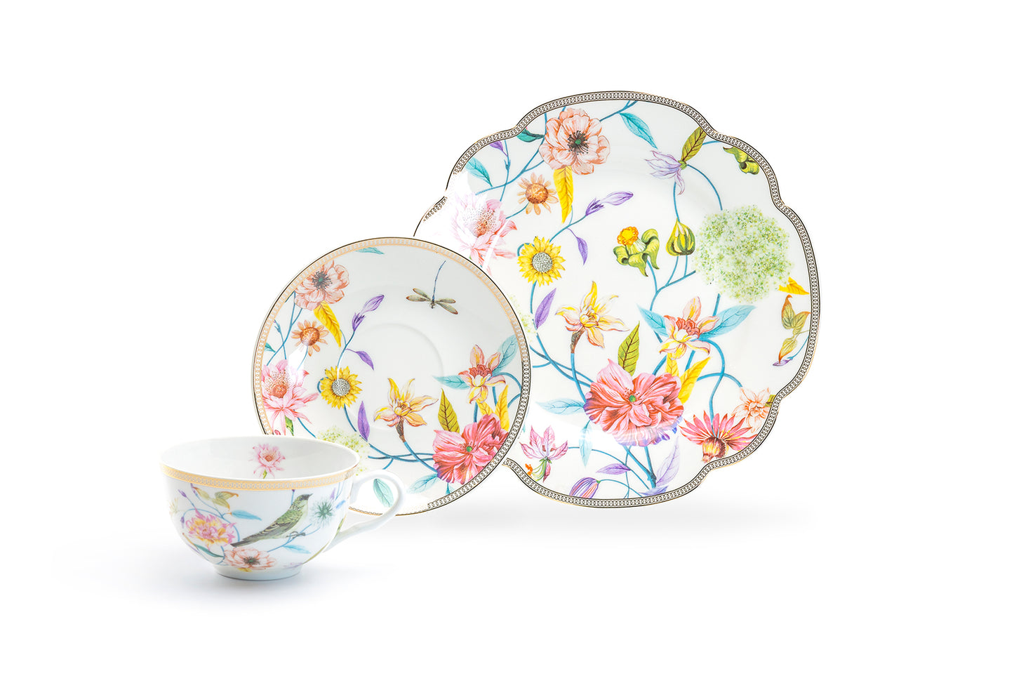 Spring Flowers with Bird Fine Porcelain Latte Cup and Saucer