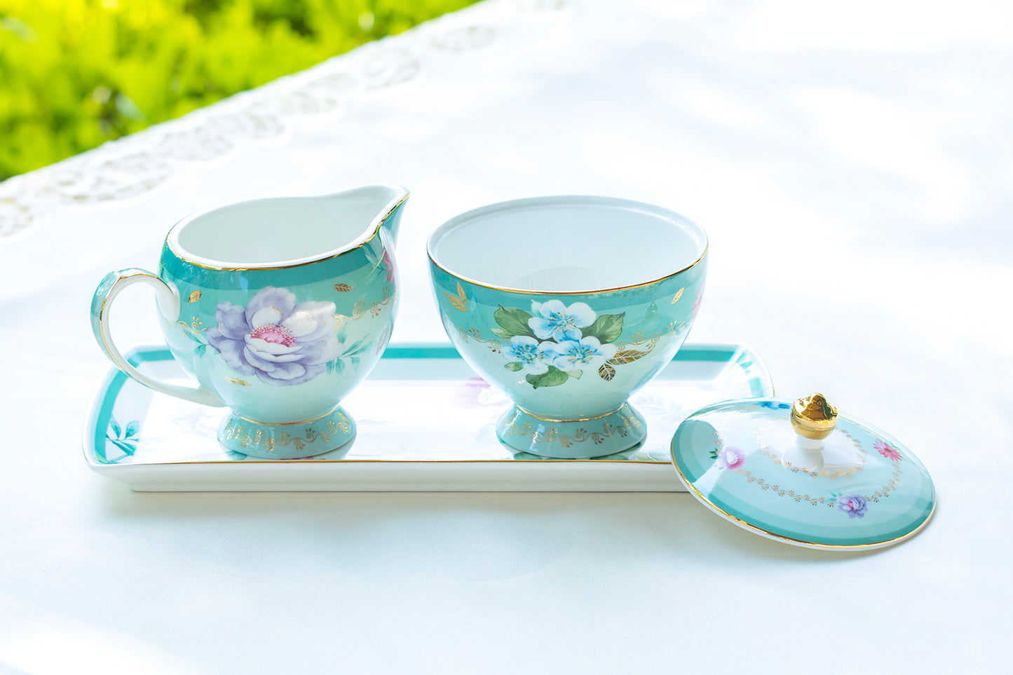 Grace Teaware Mint Flower Garden Fine Porcelain Sugar Creamer & Serving Tray Set