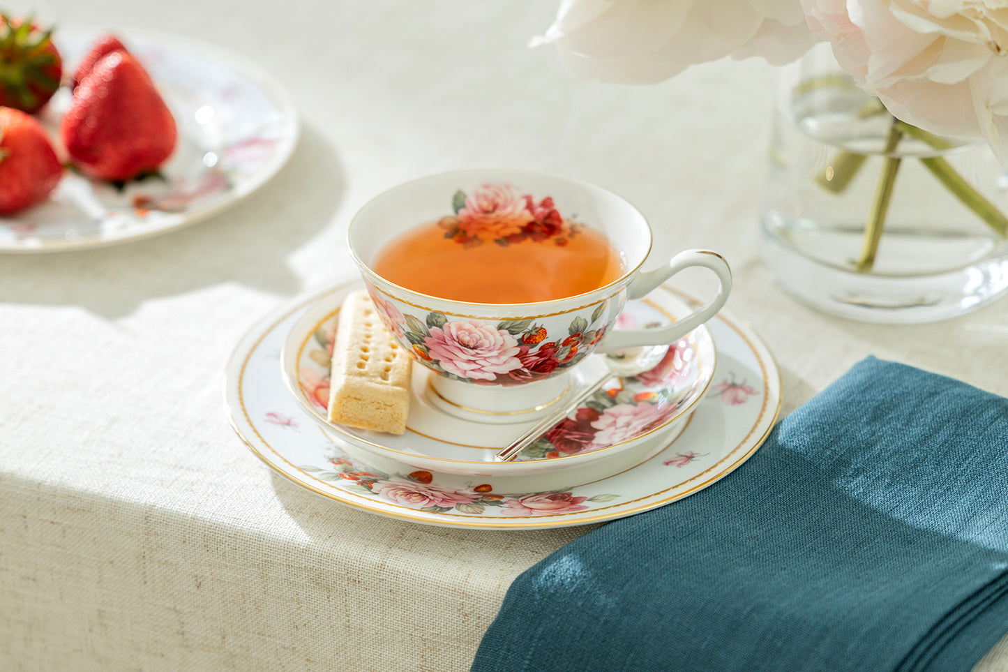 Peony and Strawberry Blue Bone China Tea Cup and Saucer