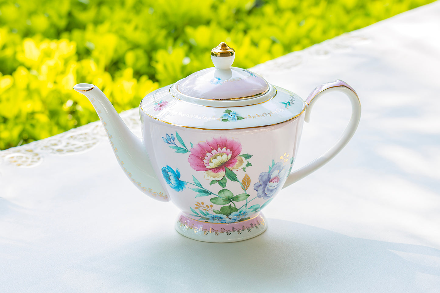 Grace Teaware Pink Flower Garden Fine Porcelain Teapot