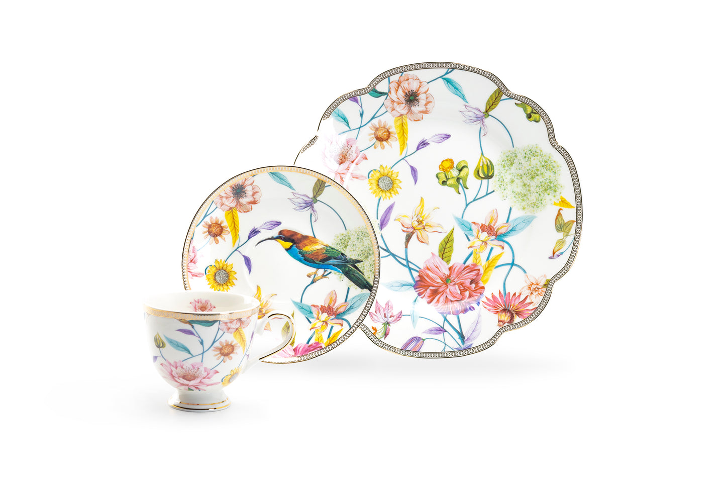 Spring Flowers with Hummingbird Fine Porcelain Tea Cup and Saucer