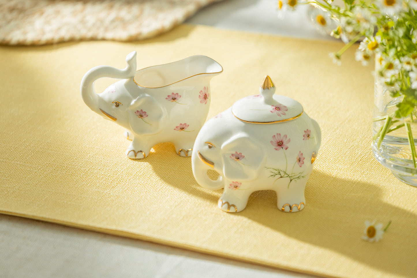 Pink Flower Elephant Fine Porcelain Sugar & Creamer Set