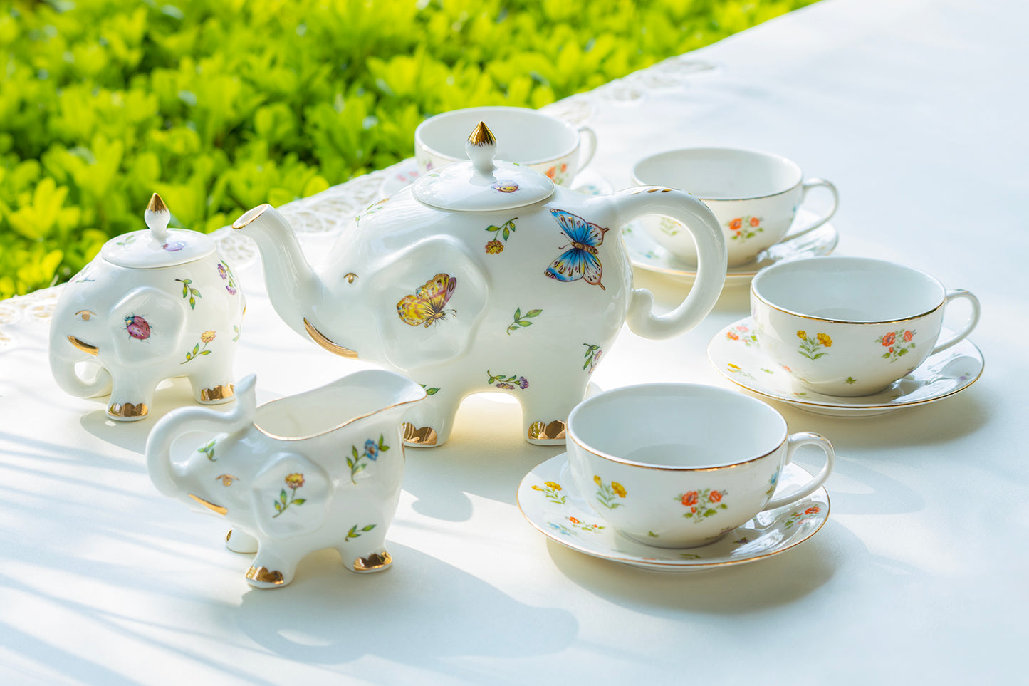 Grace Teaware Flower Garden Butterfly Dragonfly Pansy Elephant Fine Porcelain Tea Set