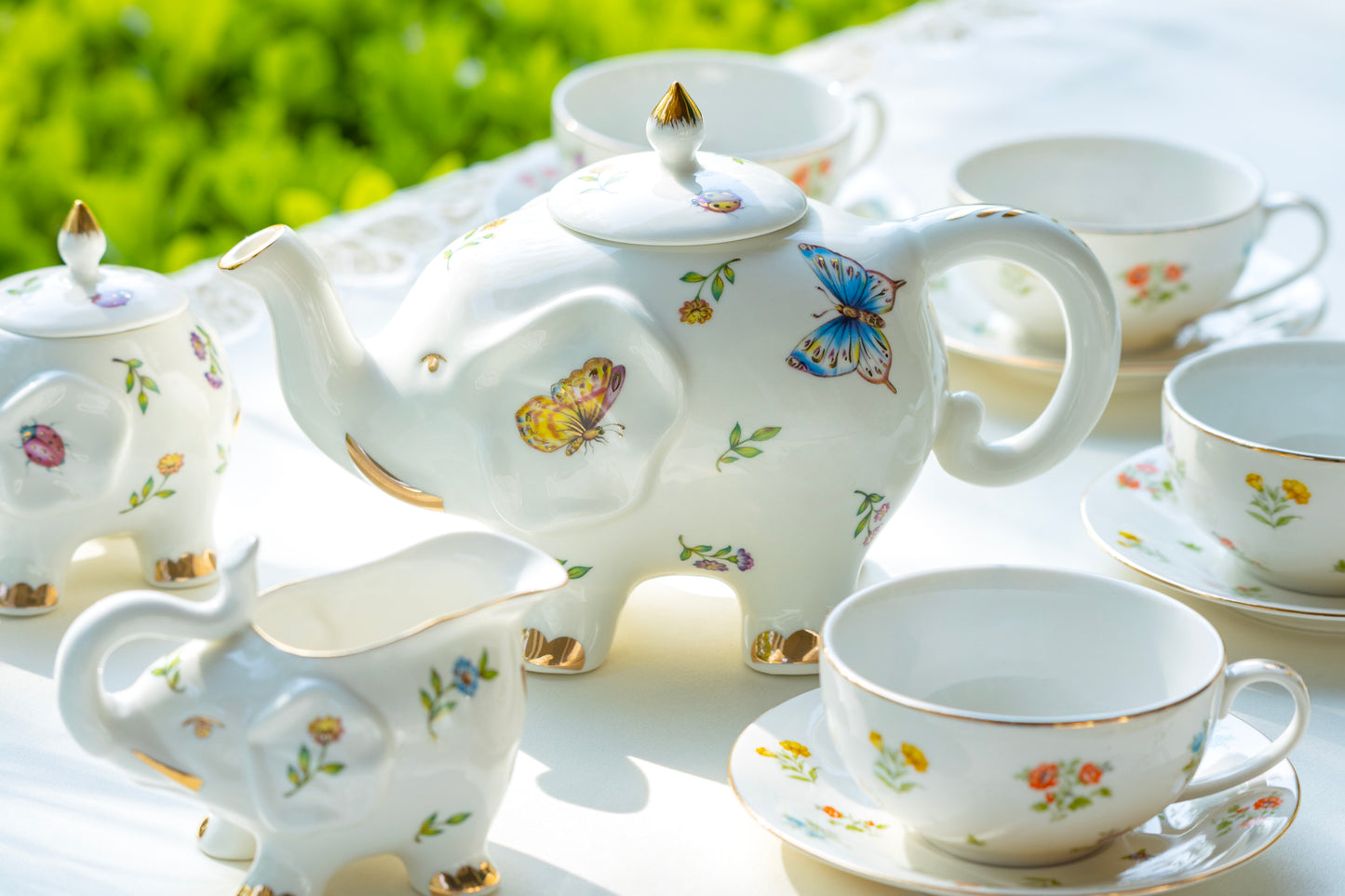 Grace Teaware Flower Garden Butterfly Dragonfly Pansy Elephant Fine Porcelain 11-piece Tea Set