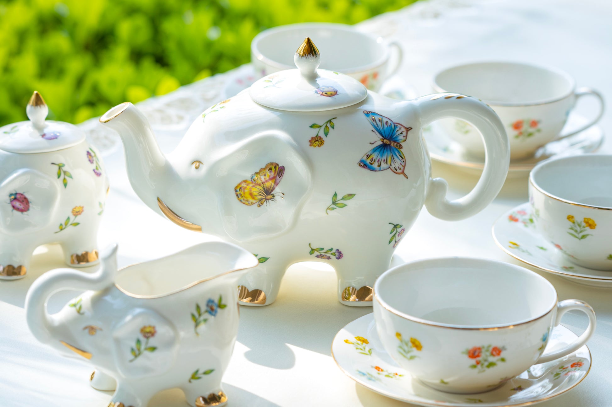 Grace Teaware Flower Garden Butterfly Dragonfly Pansy Elephant Fine Porcelain 11-piece Tea Set