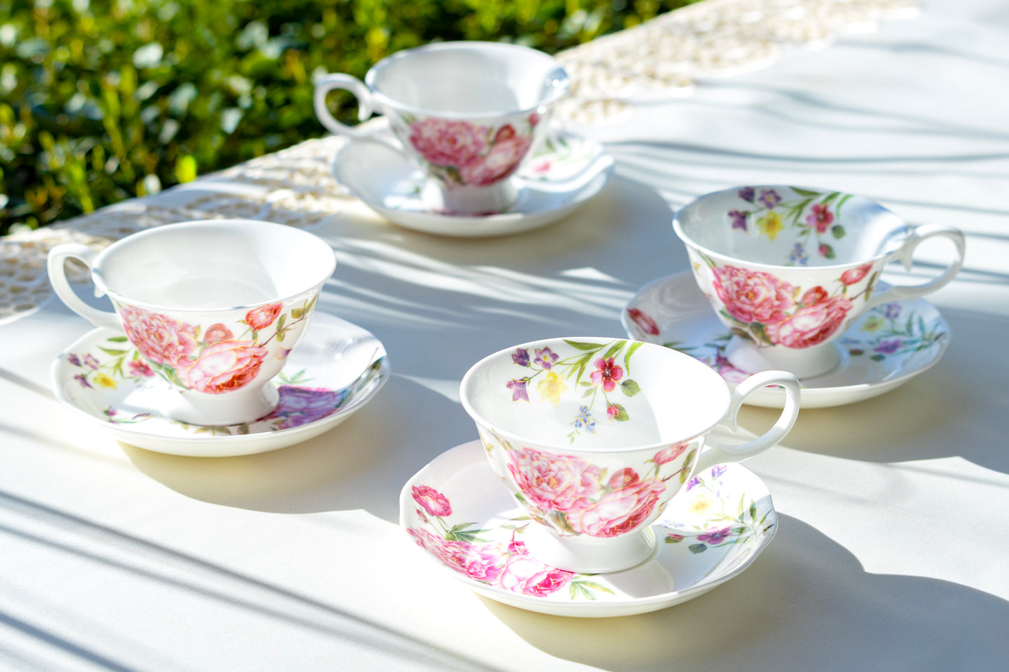 Stechcol Gracie Bone China Pink Rose with Hummingbird Bone China Tea Cup and Saucer set of 4