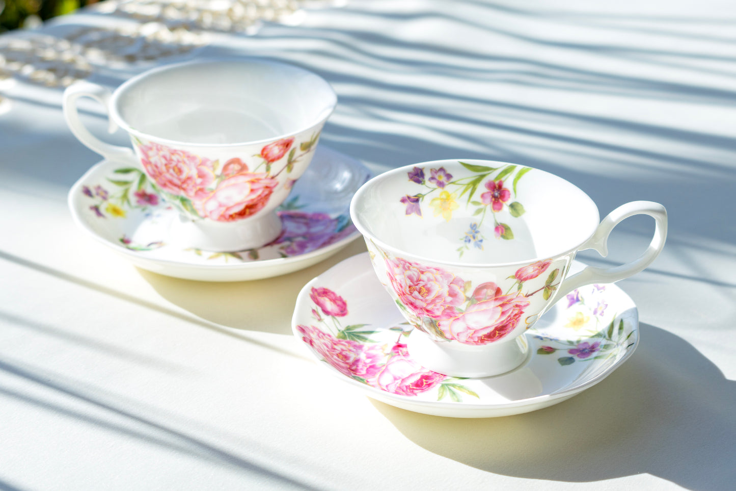 Stechcol Gracie Bone China Pink Rose with Hummingbird Bone China Tea Cup and Saucer set of 2