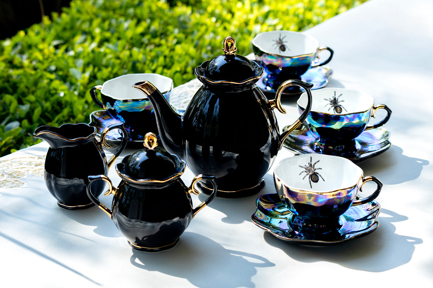 Grace Teaware Spider Black Gold Luster 11-Piece Tea Set, black gold scallop teapot sugar and creamer, 4 spider luster tea cup and saucer sets