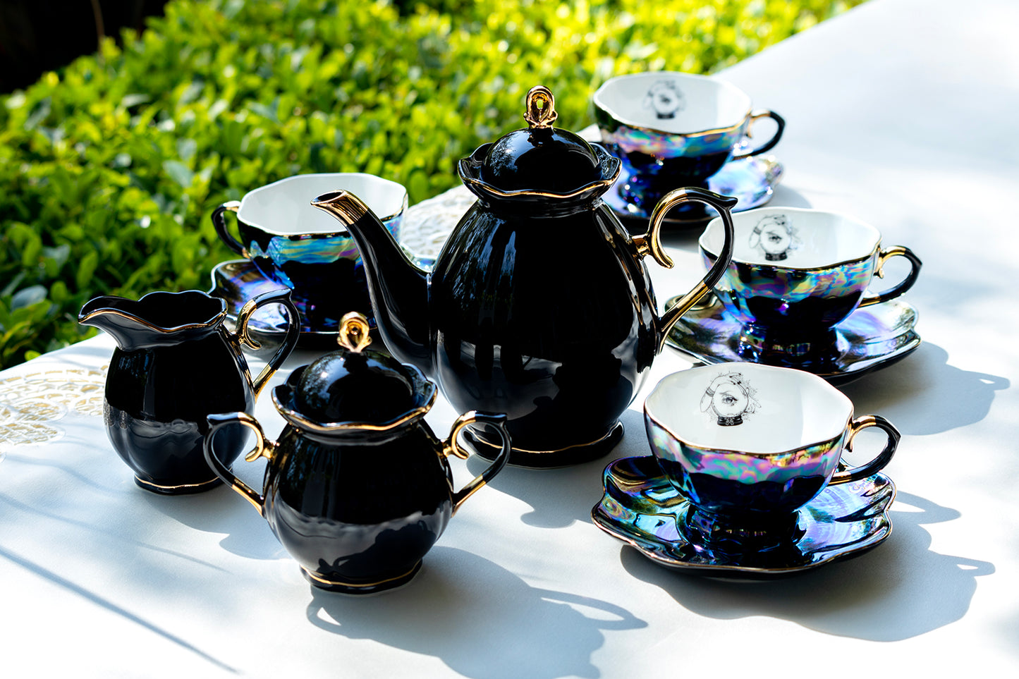 Grace Teaware Witchy Crystal Ball Evil Witch Eye Black Gold Luster 11-Piece Tea Set