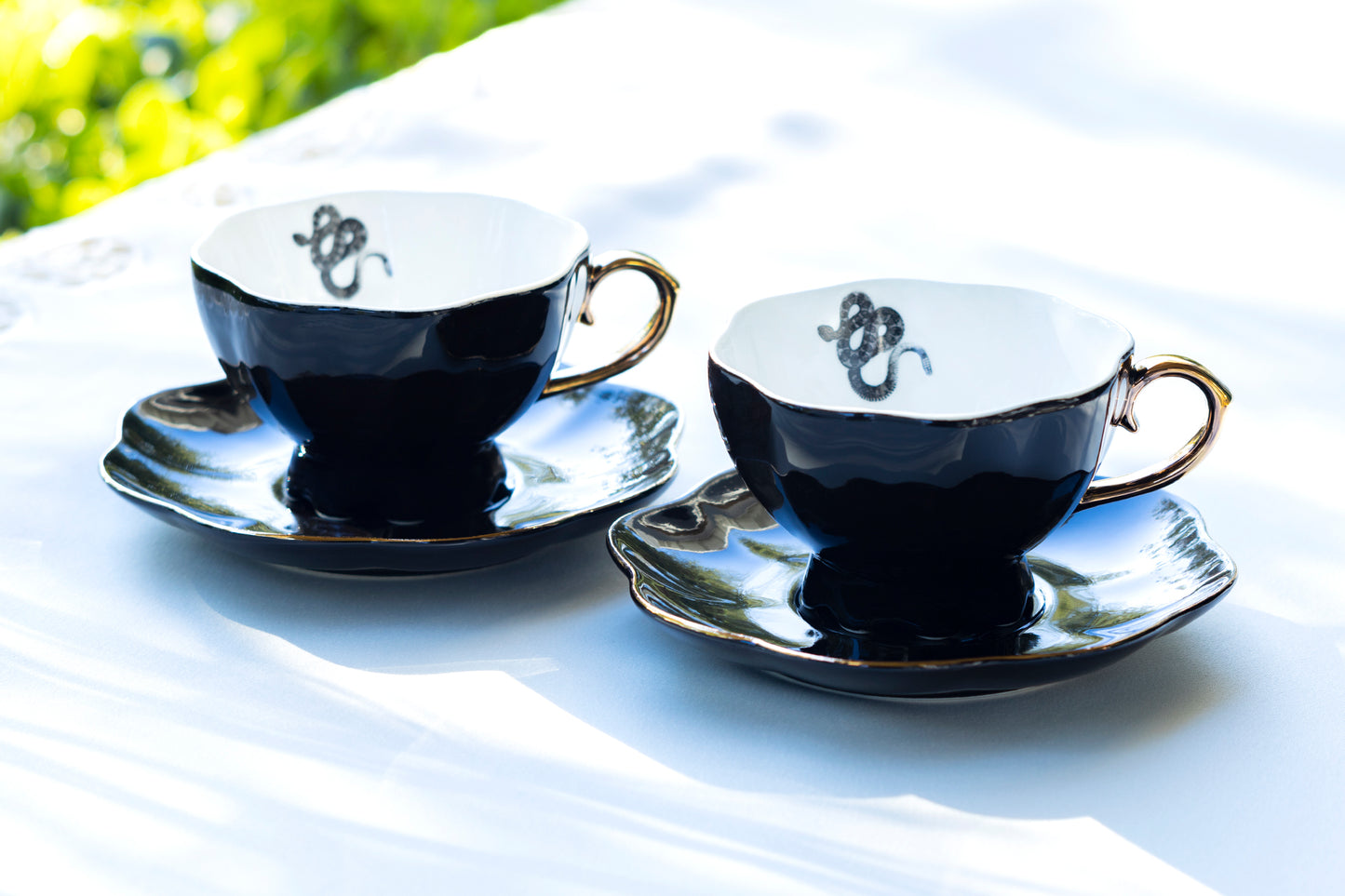 Grace Teaware Halloween Snake Black Gold Scallop Tea Cup Saucer set of 2