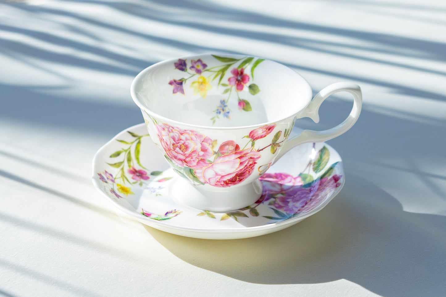 Stechcol Gracie Bone China Pink Rose with Hummingbird Bone China Tea Cup and Saucer set of 1