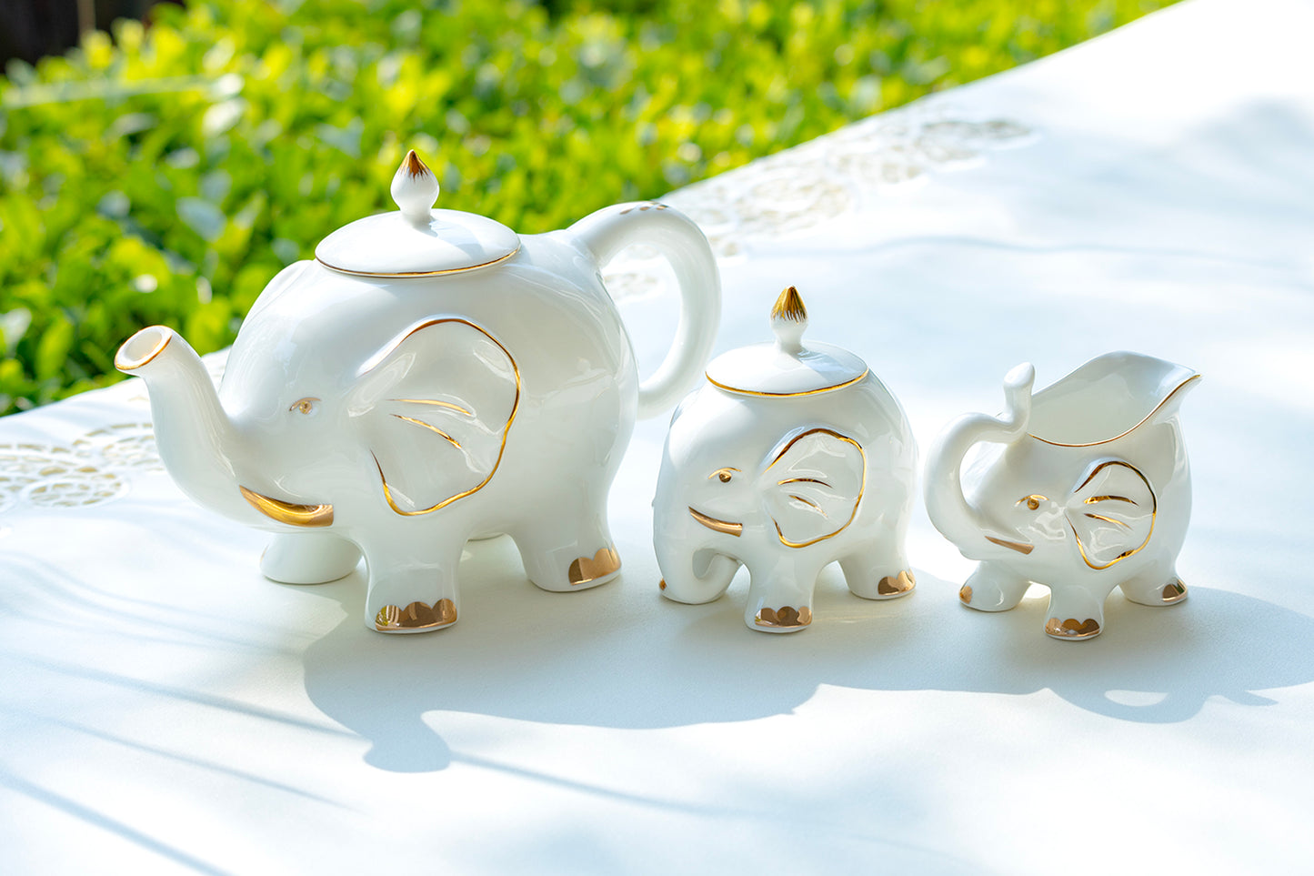 Grace Teaware White Gold Elephant Fine Porcelain 3-piece Tea Set teapot sugar bowl creamer