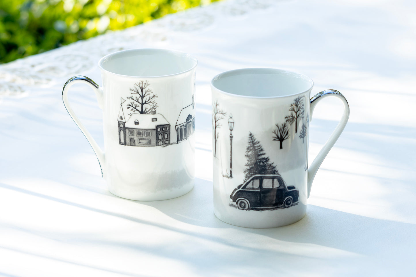 Christmas Tree Car Bone China Mug Holiday Snow Village