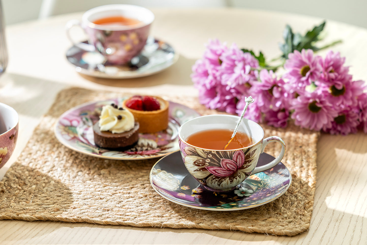 Peacock Lotus Garden Pink Fine Porcelain Assorted Cup and Saucer Sets