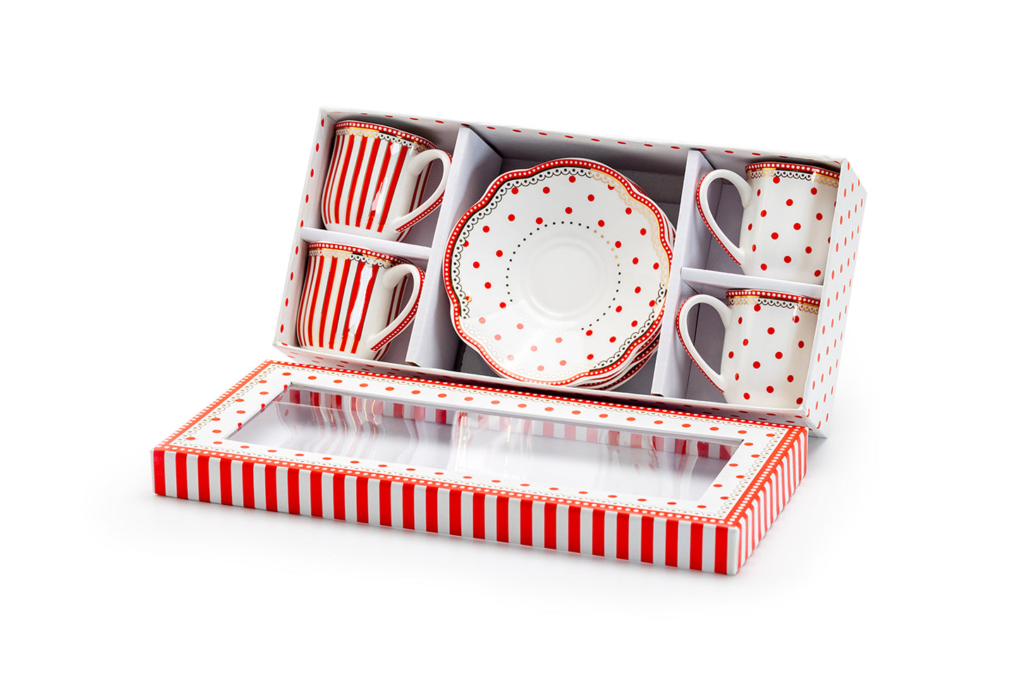 Grace Teaware Red Josephine Stripes and Dots 3oz Espresso Cups and Saucers with Gift Box