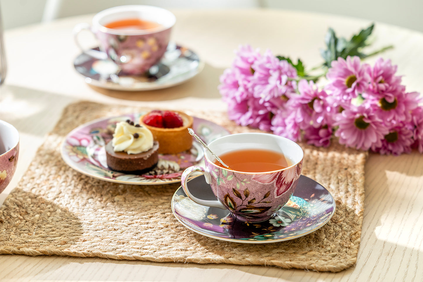 Peacock Lotus Garden Pink Fine Porcelain Assorted Cup and Saucer Sets