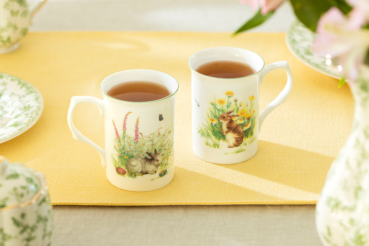 Flower Brown Bunny & Flower White Bunny Bone China Assorted Mugs