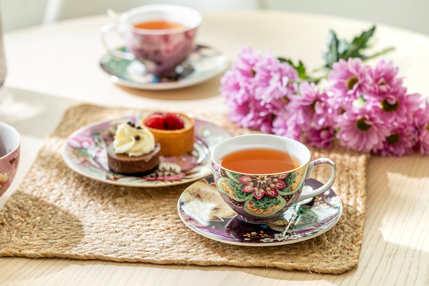 Peacock Lotus Garden Pink Fine Porcelain Assorted Cup and Saucer Sets