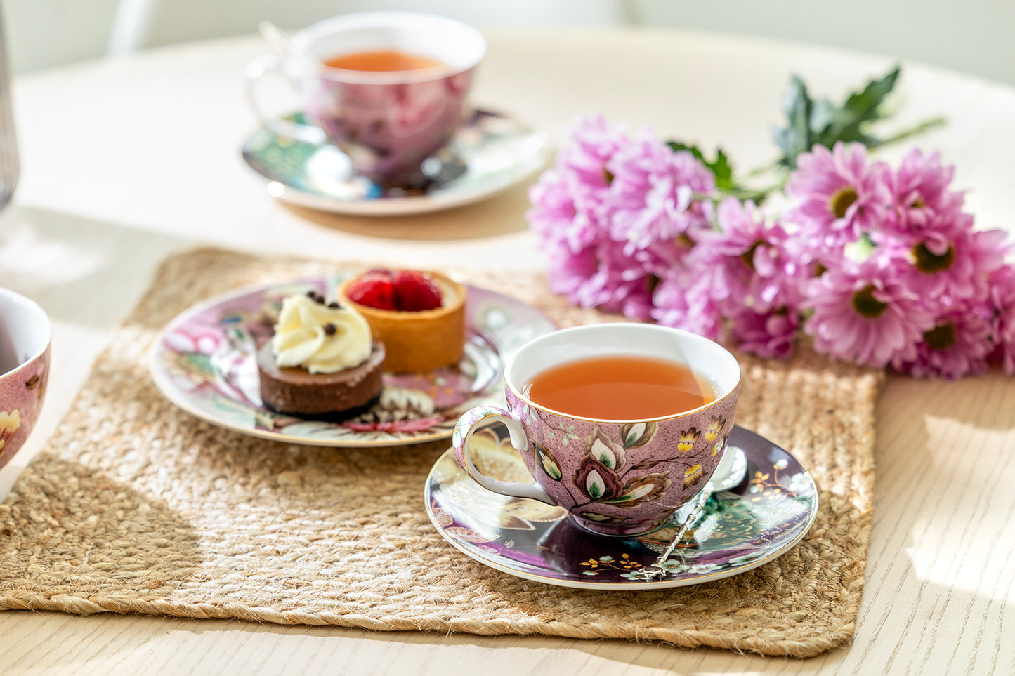 Peacock Lotus Garden Pink Fine Porcelain Assorted Cup and Saucer Sets