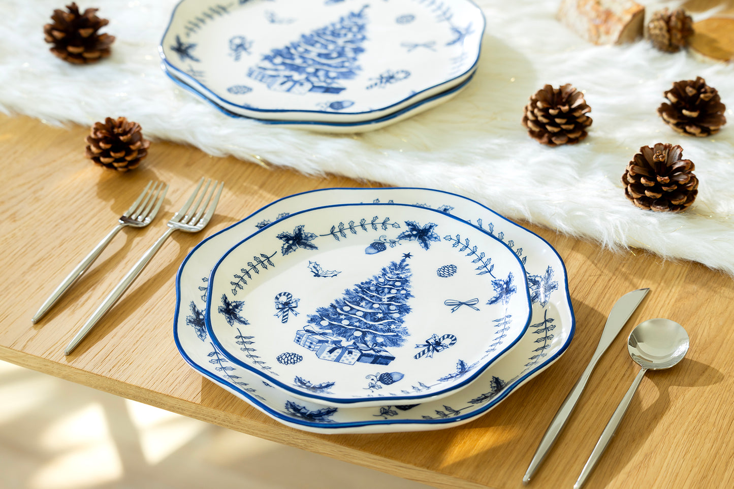 Blue Holly Christmas Tree Dessert/Dinner Plate