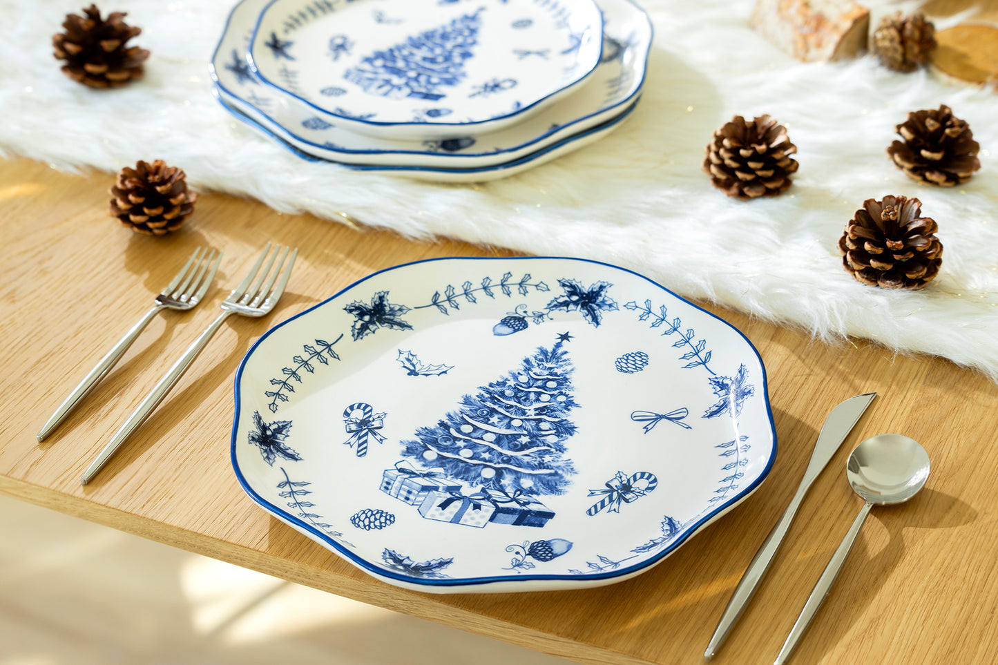 Blue Holly Christmas Tree Dessert/Dinner Plate
