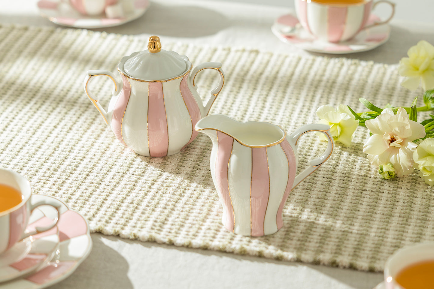 Grace Teaware Pink and White Scallop Fine Porcelain Sugar Bowl & Creamer