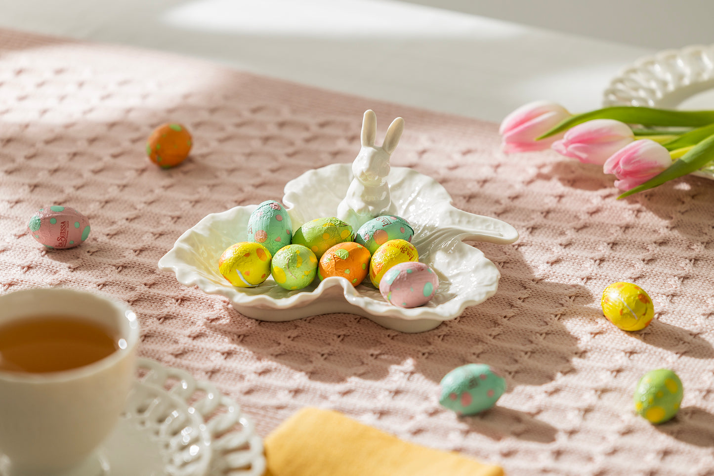 Bunny Figurine Fine Porcelain Leaf Shaped Candy Dish