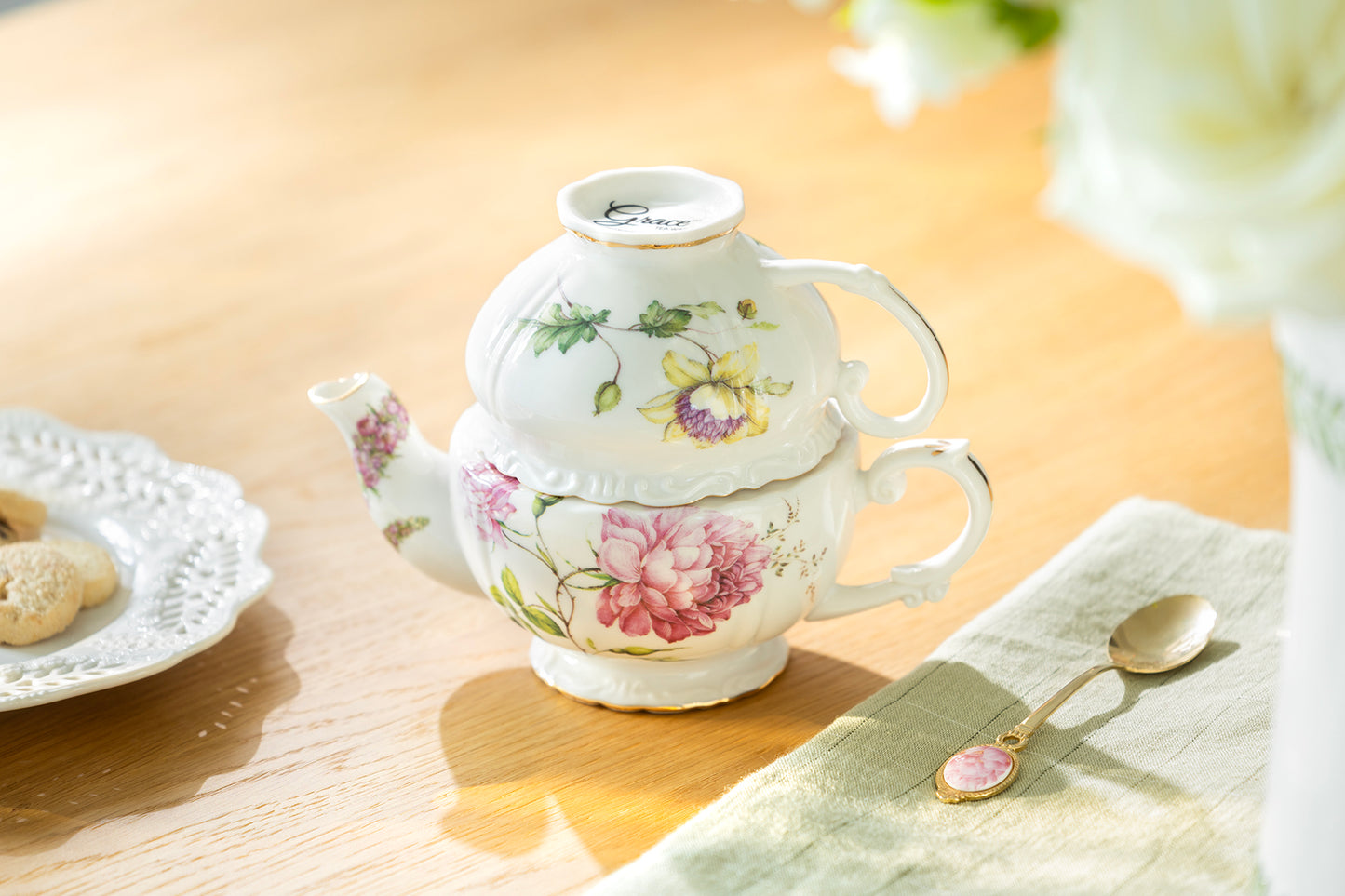 Pink Peony Bloom Fine Porcelain Tea For One Set