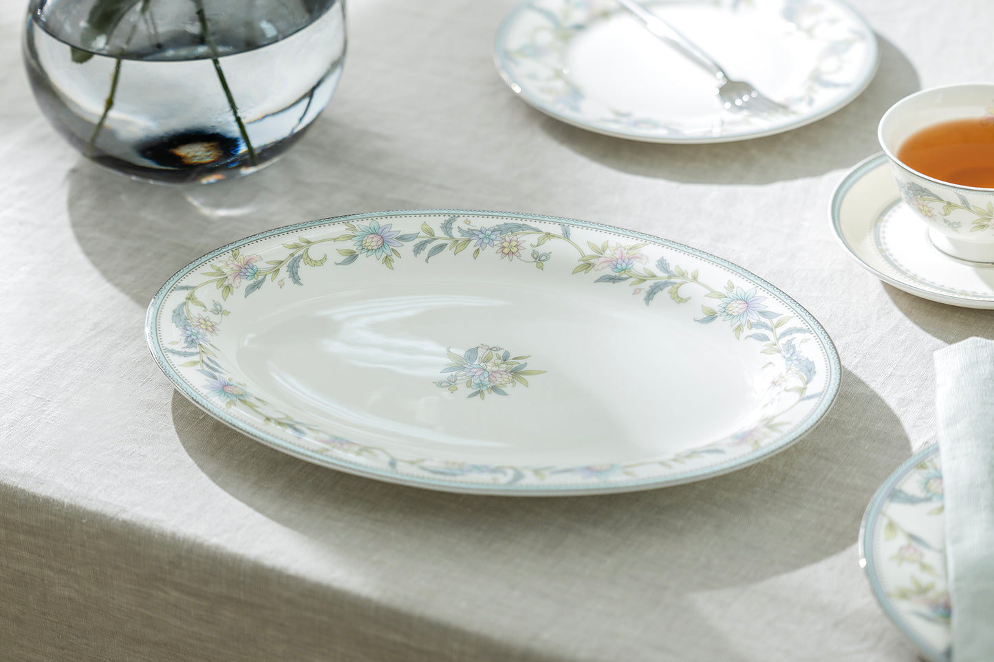 12.75" Lotus Garden Bone China Oval Serving Plate