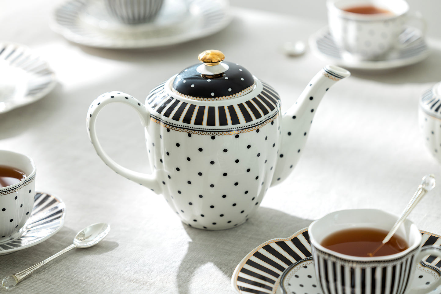 Black Josephine Stripes and Dots Fine Porcelain Teapot