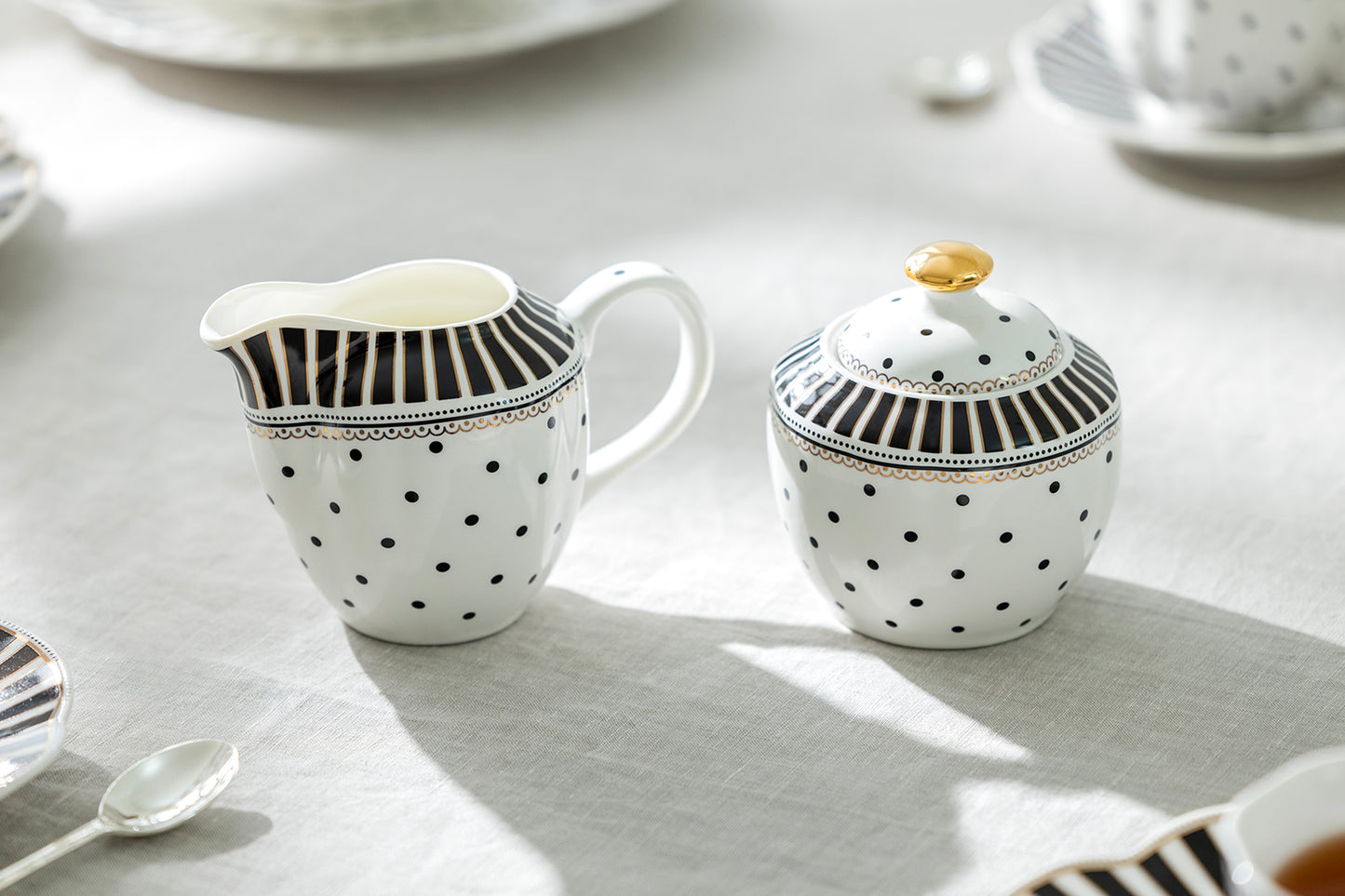 Grace Teaware Black Josephine Stripes and Dots Fine Porcelain Sugar & Creamer