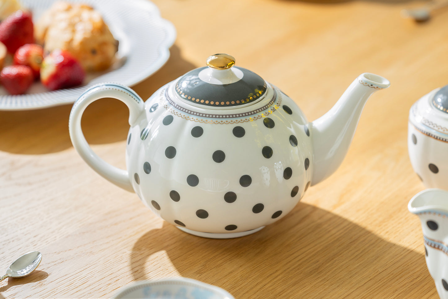Dark Gray Dots with Blue Toile Fine Porcelain Teapot