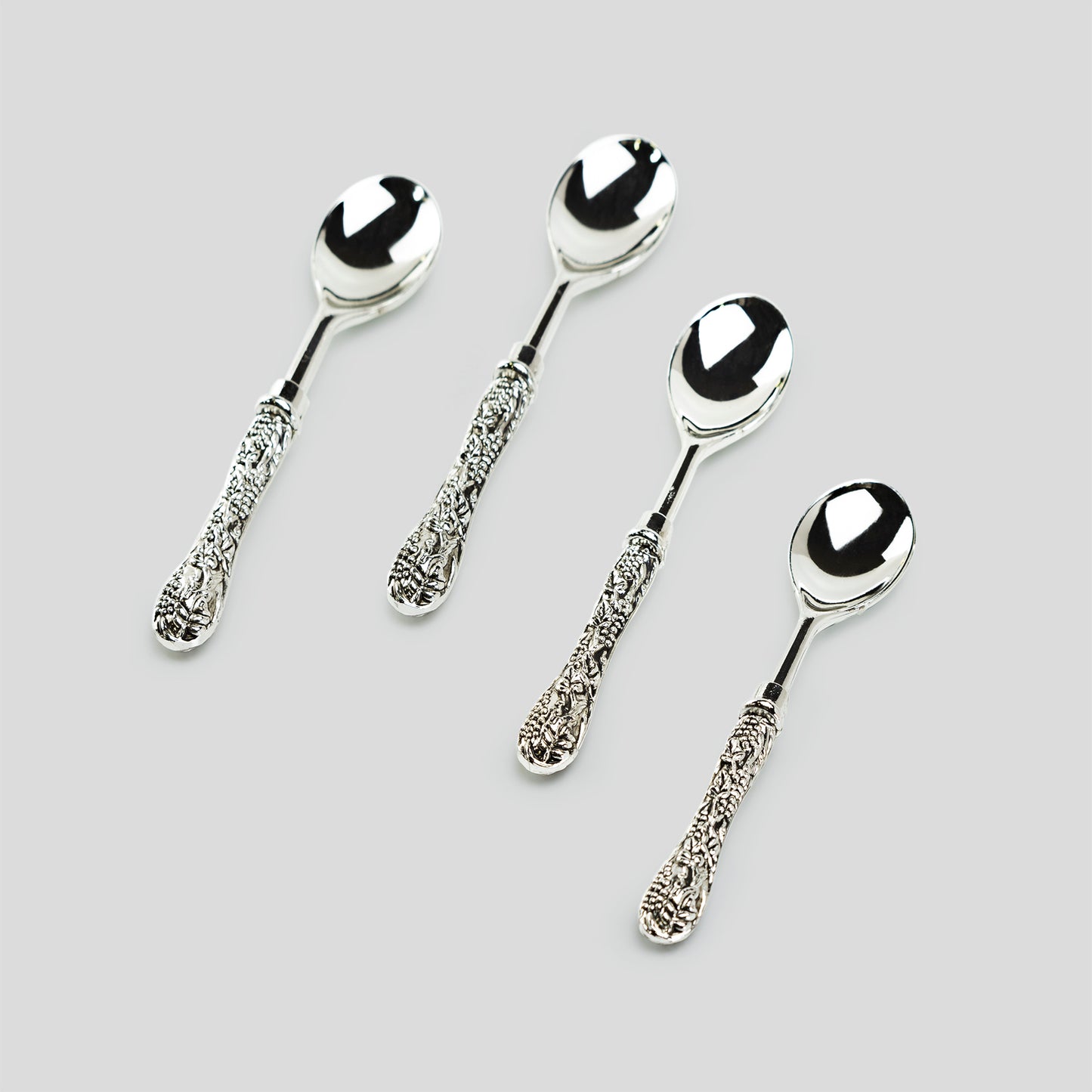 Grace Teaware Silver Plated Demi Spoon with Antique Grape Vine Handle Set of 4 with Gift Box
