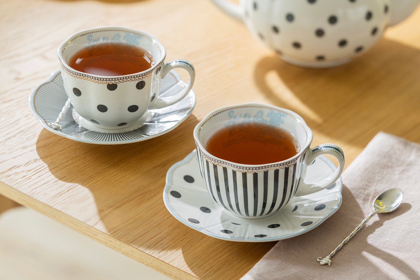 Dark Gray Stripes and Dots with Blue Toile Fine Porcelain Tea Set