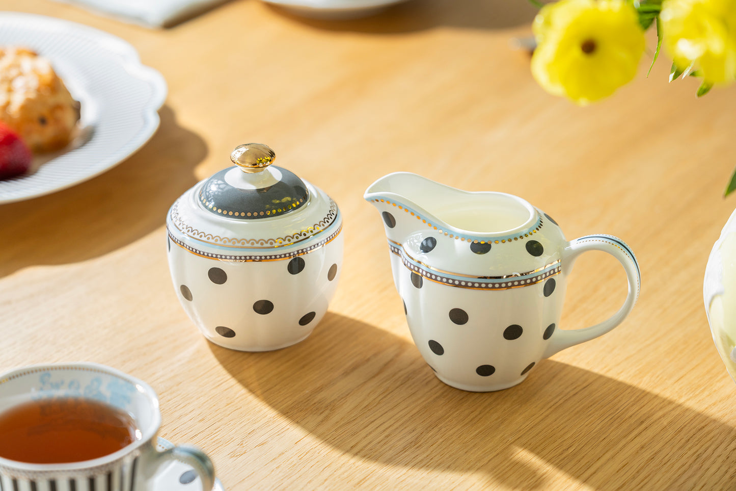 Dark Gray Dots Fine Porcelain Sugar & Creamer Set