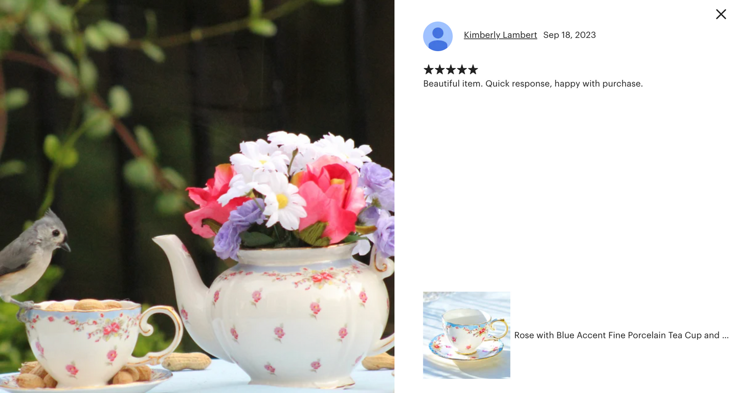 Rose with Blue Accent Fine Porcelain Tea Cup and Saucer