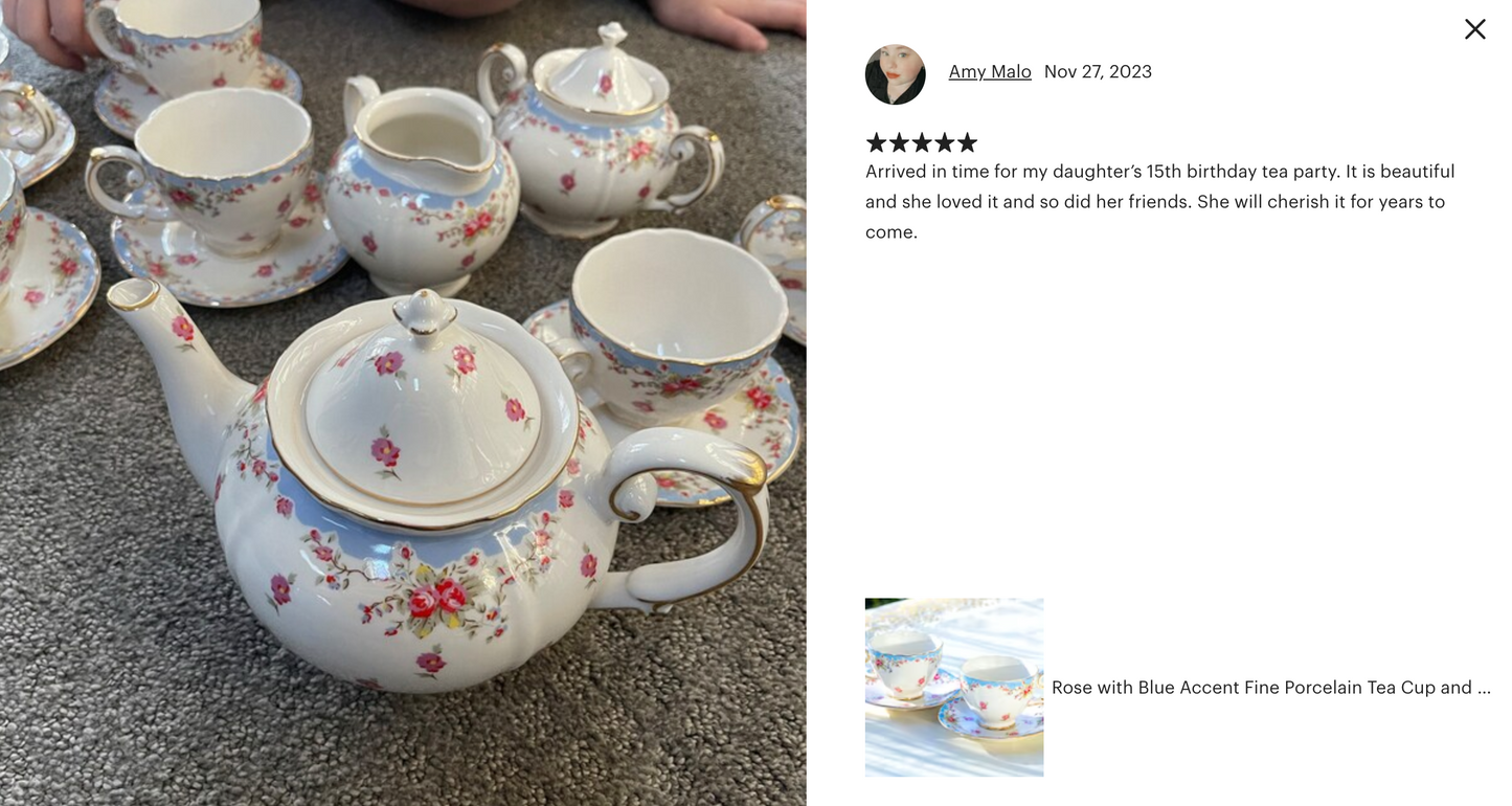 Rose with Blue Accent Fine Porcelain Tea Cup and Saucer