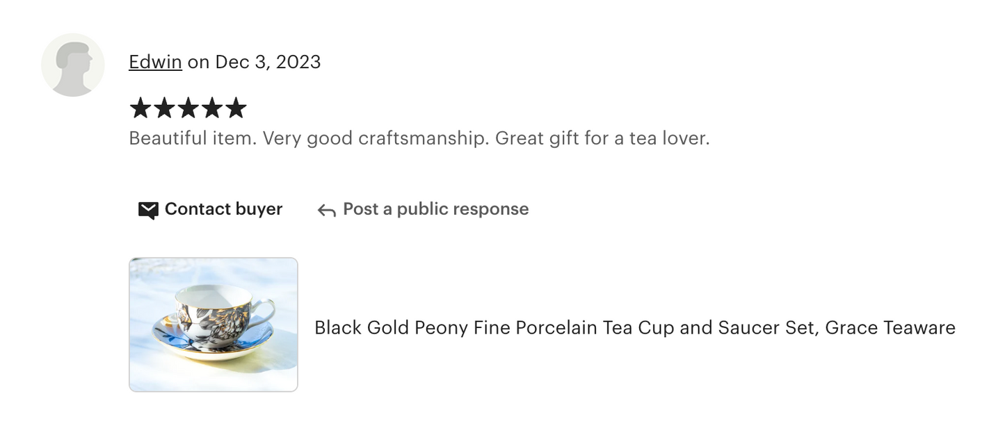 Black Gold Peony Fine Porcelain Tea Cup and Saucer