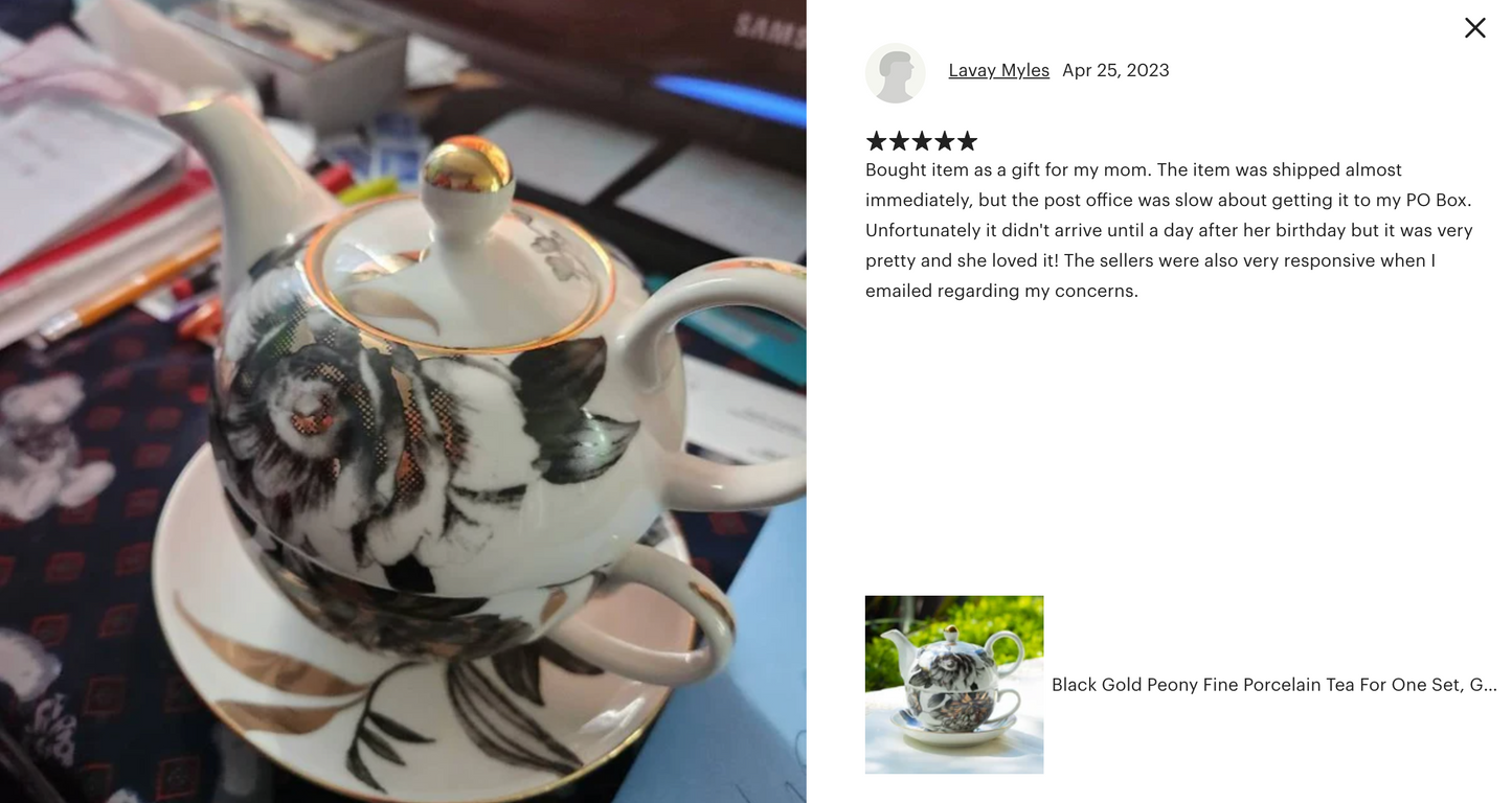 Black Gold Peony Fine Porcelain Tea For One Set