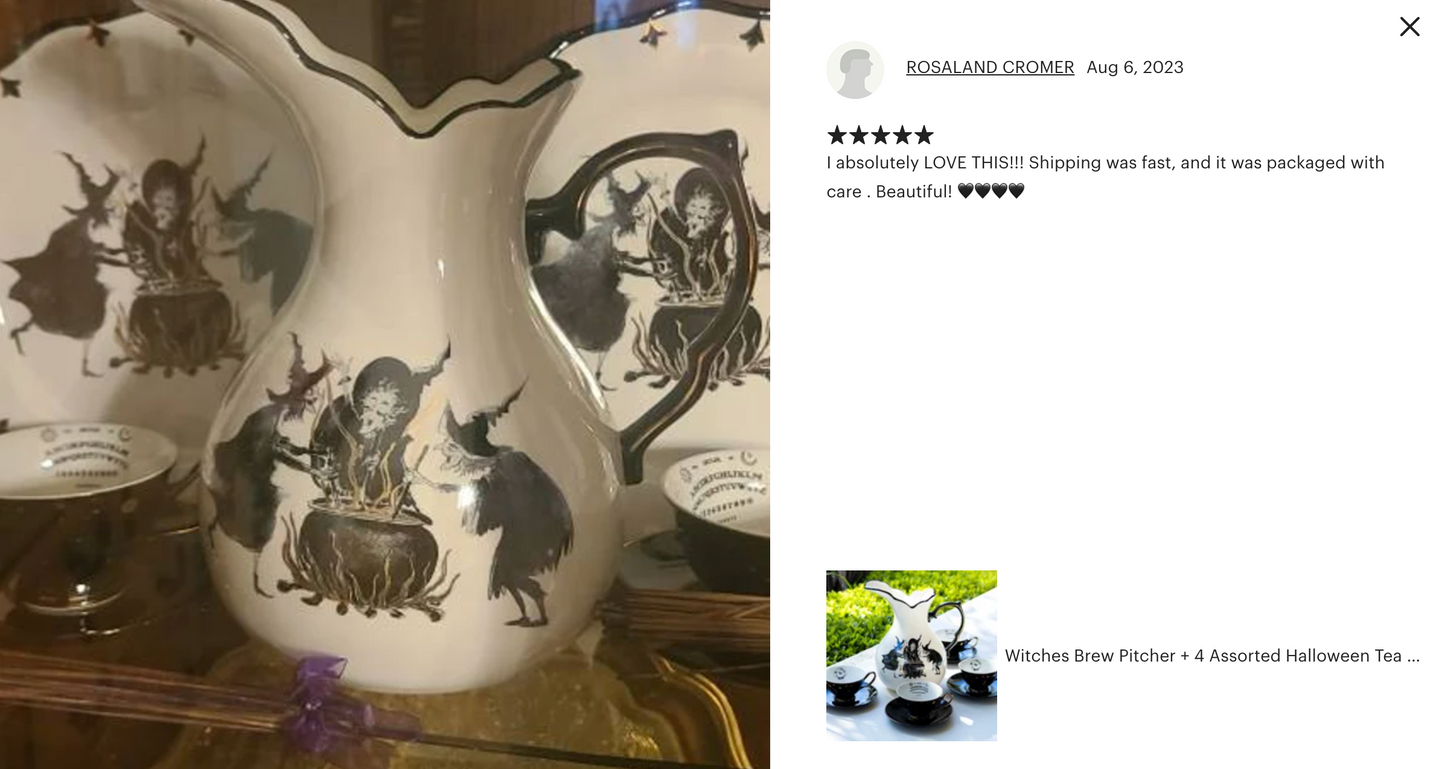 Witches Brew Pitcher + 4 Assorted Halloween Tea Cup and Saucer Sets - Ouija & Witchy Crystal Ball