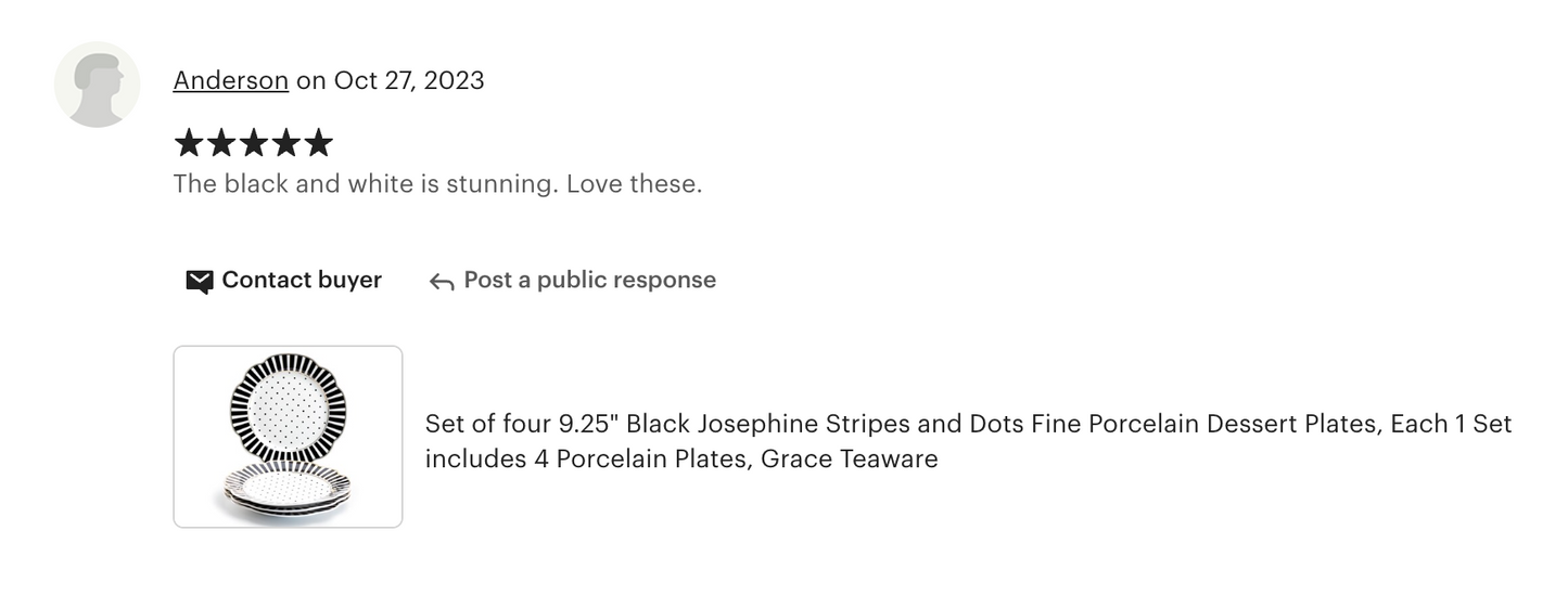 Black Josephine Stripes and Dots Fine Porcelain Dessert/Dinner Plate
