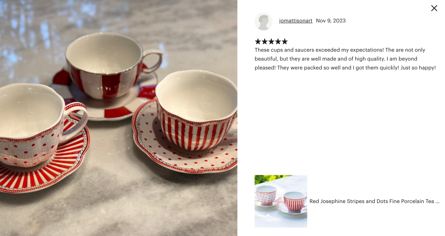 Red Josephine Stripes and Dots Fine Porcelain Cup and Saucer Sets