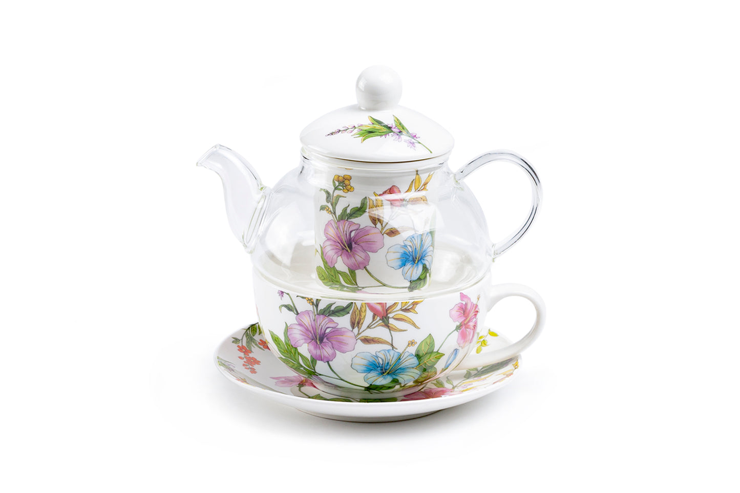 Hibiscus Harmony Glass and Fine Porcelain Tea For One Set