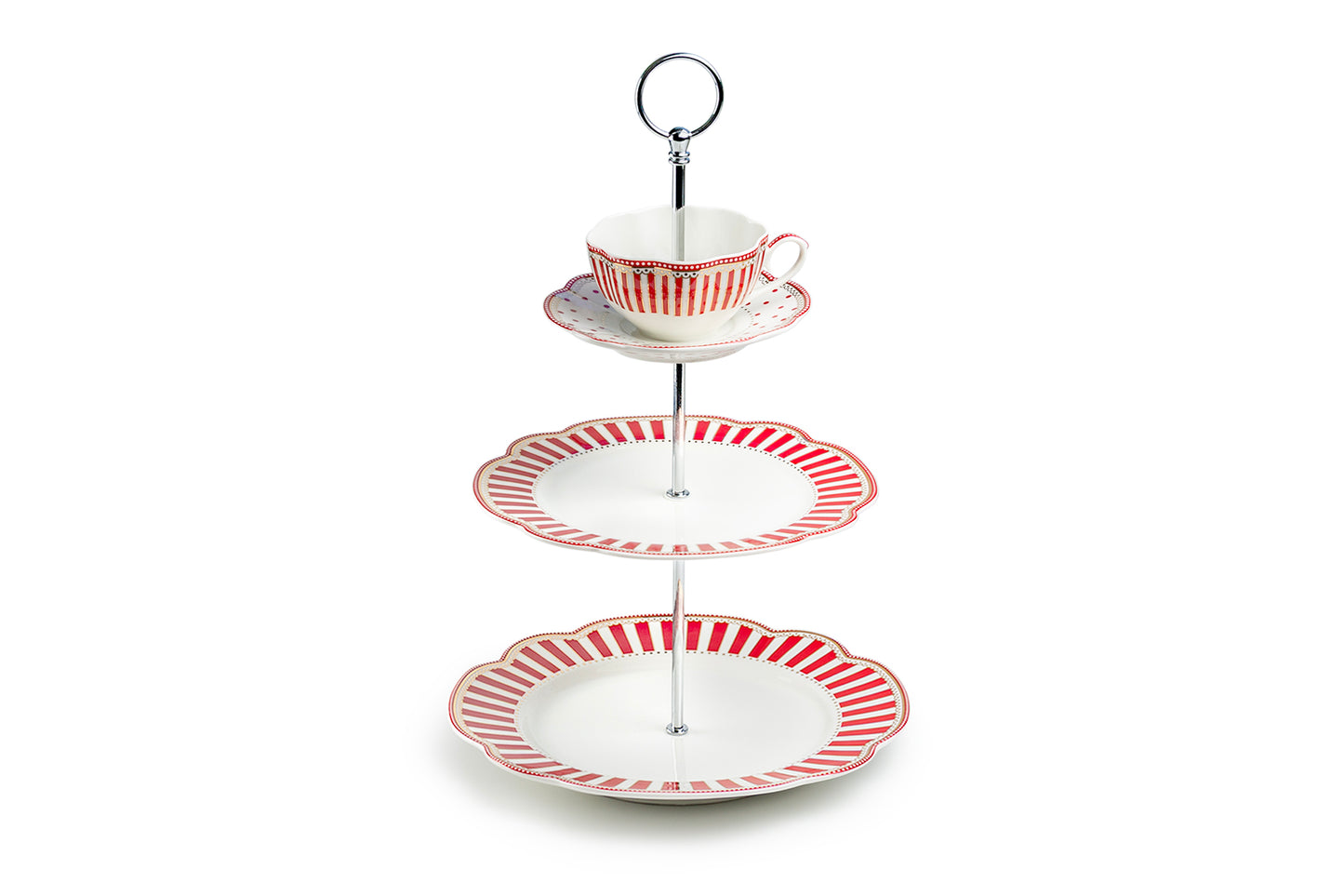 Red Josephine Stripes and Dots Fine Porcelain 3-Tier Server