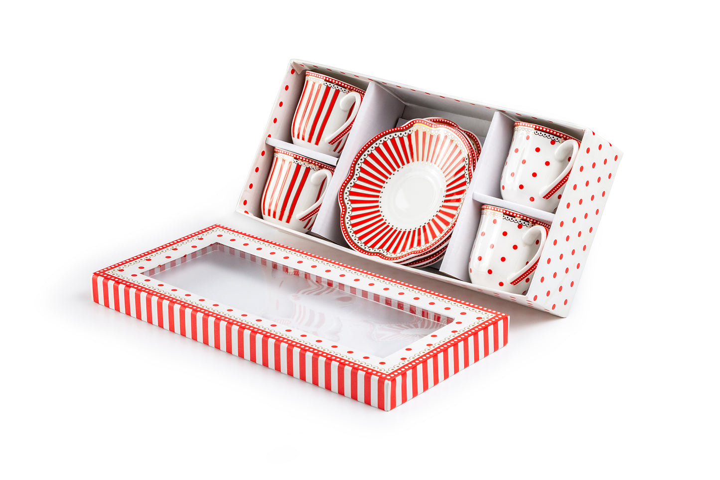 Grace Teaware Red Josephine Stripes and Dots 3oz Espresso Cups and Saucers with Gift Box