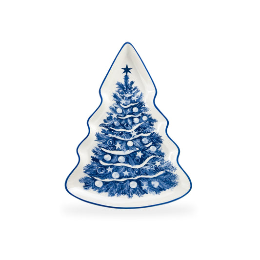 Blue Holly Christmas Tree Serving Tray
