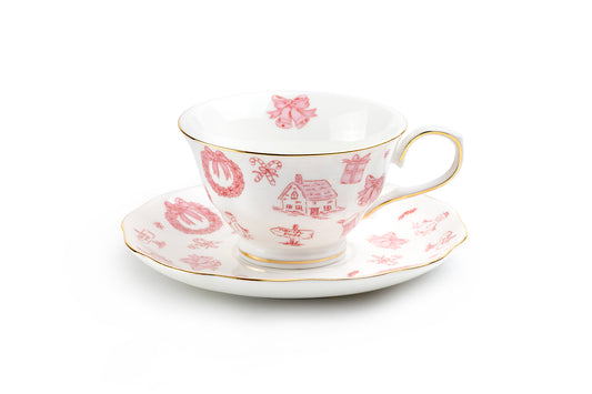 Christmas Pink Bow Fine Porcelain Tea Cup and Saucer