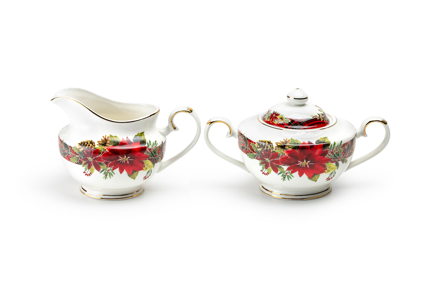 Poinsettia Pine Cone Fine Porcelain Sugar & Creamer Set
