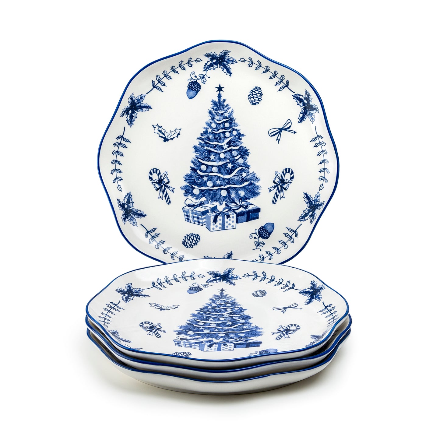 Blue Holly Christmas Tree Dessert/Dinner Plate