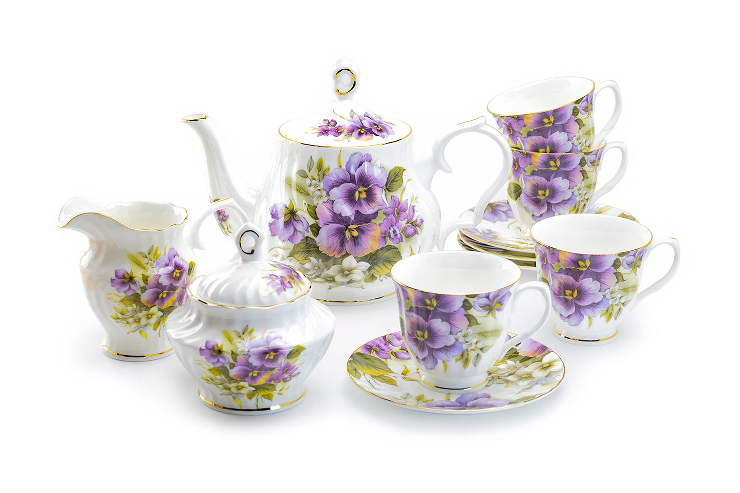 Stechcol Gracie Bone China Purple Pansy Bone China 11-Piece Tea Set